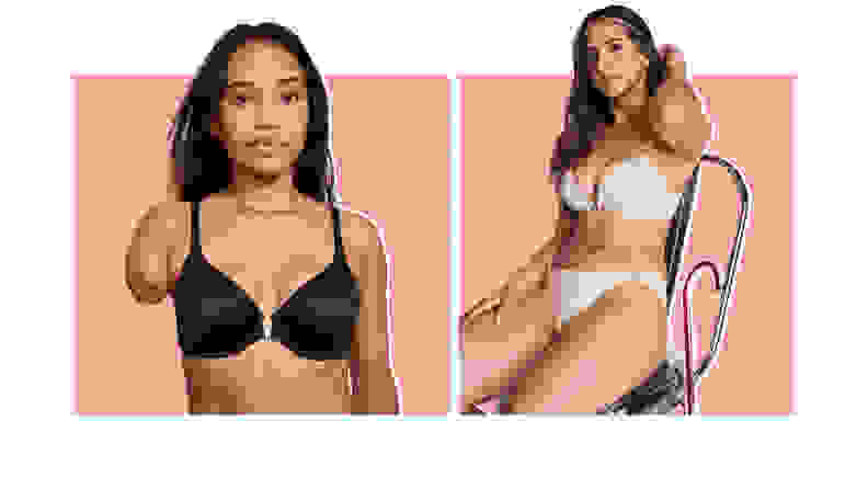 Photo collage of two different models wearing Victoria's Secret adaptable bras and panty in black and nude colors.