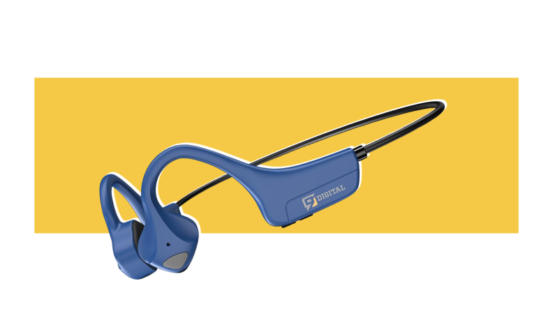 Blue 9 Digital bone-conduction headphones against a yellow background