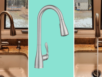 On left, side shot of the stainless Moen Georgene Kitchen Faucet. In middle, product shot of the steel Moen Georgene Kitchen Faucet. On left, stainless Moen Georgene Faucet in kitchen with running water flowing into sink.