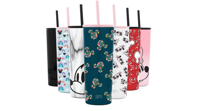 An image of several different Disney-themed tumblers for water complete with straws and lids.