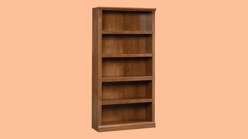 A brown bookshelf on an orange background.