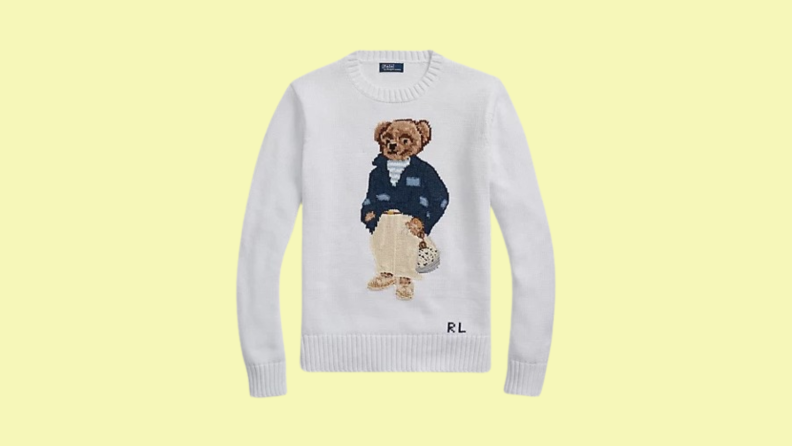 A product shot of a Ralph Lauren Polo Bear sweater.