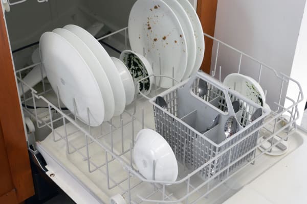 Dirty dishes on the lower rack after the wash