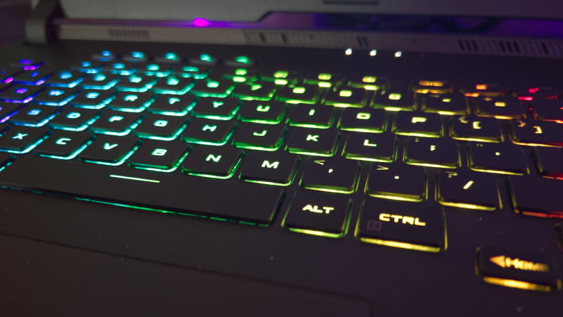 The Asus ROG Strix SCAR 17's colorful, light up, keyboard up close.