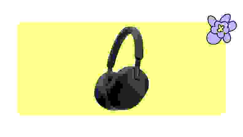 Black Sony wh-1000xm5 noise canceling headphones on a yellow background