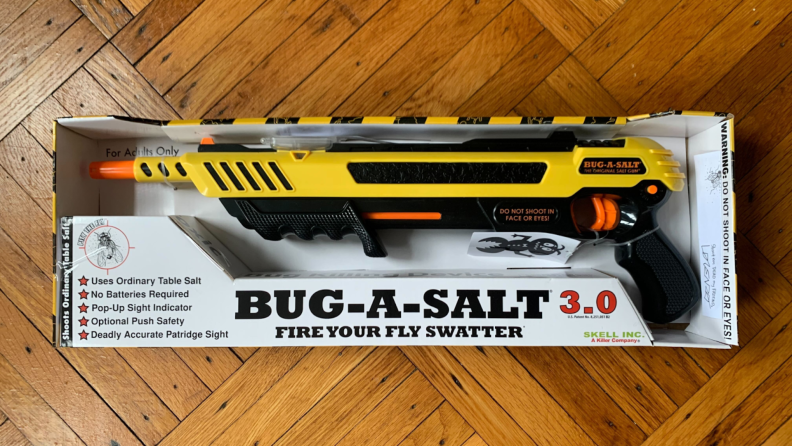 The Bug-A-Salt 3.0 spring-powered salt cannon pictured in the box it is packaged in.