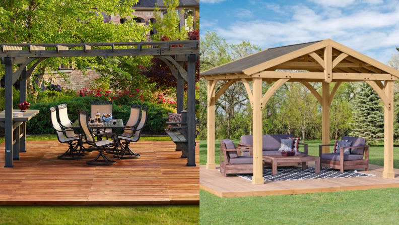 A backyard pergola and a pavilion.