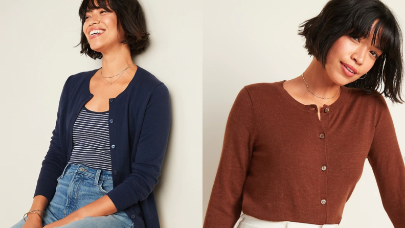An image of a woman in a blue crew neck cardigan alongside a woman in the same cardigan in orange.