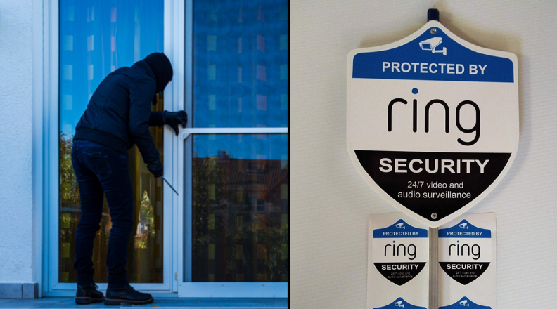 Person dressed in black outside of home and Ring security signs for yard