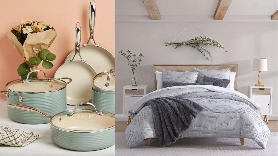 A set of blue and cream pots sit on a counter against a peach wall; at right, a queen bed sits with a gray comforter and dark gray throw blanket