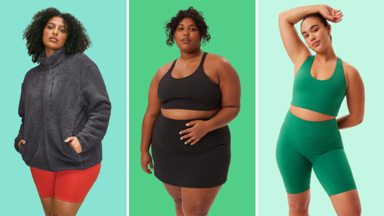 Collage of three plus size options: a fleece jacket, a sports bra, and an athleisure matching set.
