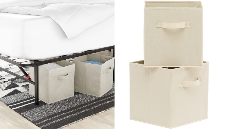 On left, collapsable storage cube under bed. On right, two collapsable cream cubes stacked.