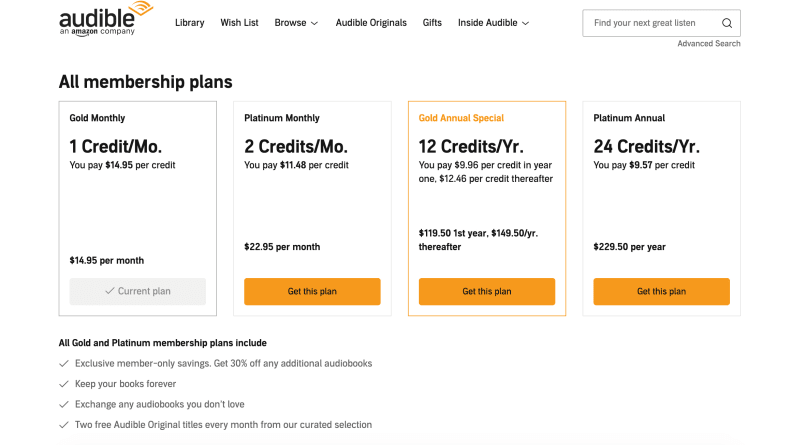 Audible Membership Plans - Compare