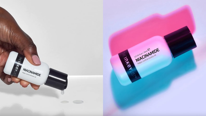 On the left: A hand tipping The Inkey List Niacinamide Oil Control Serum causing a white liquid to pour out of the black and white bottle. On the right: The black and white The Inkey List Niacinamide Oil Control Serum on a white background with pink and blue lights shining on it.