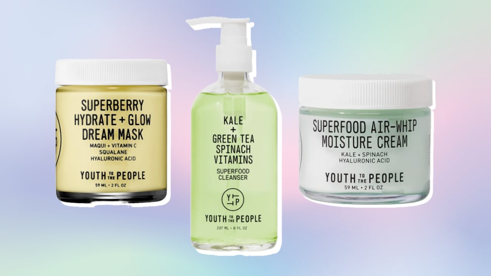 Youth To The People face mask, cleanser, and moisturizer against a multicolored background.