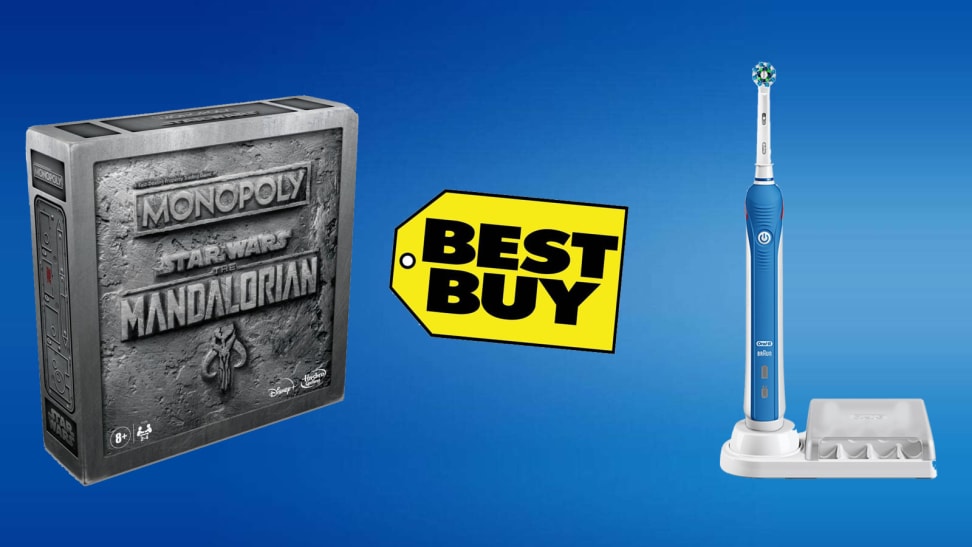 blue background with best buy logo, electric toothbrush and star wars monopoly