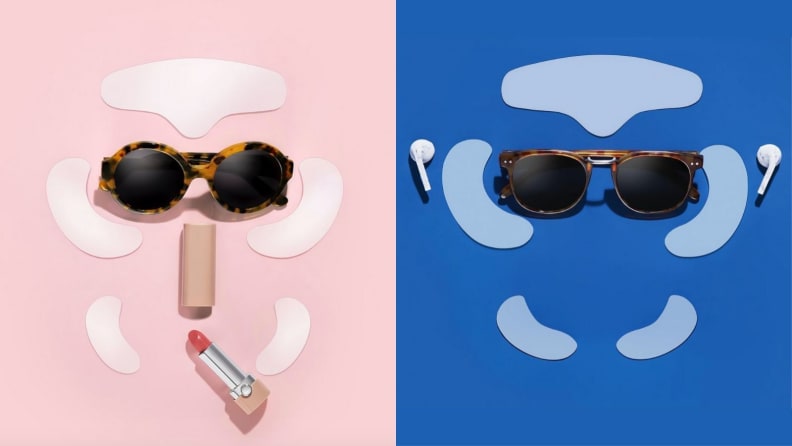 SiO beauty patches for women on a pick background with sunglasses and lipstick next to SiO Beauty patches for him on a blue background with sunglasses and earpods