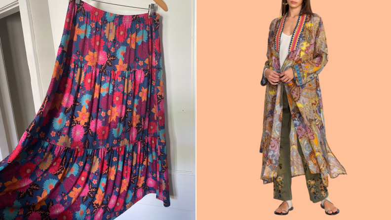 Image of a model wearing a printed kimono-style robe, and a close-up of the Merida Tiered Skirt from Johnny Was.
