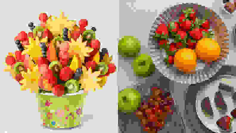 On left, colorful fruit arrangement. On right, assorted fruits on plates.