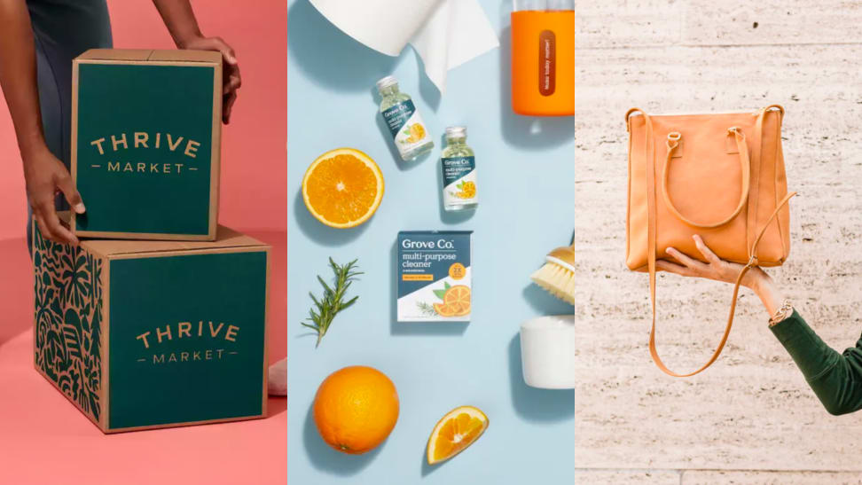 1) a stack of Thrive Market boxes. 2) Assorted soaps and cleaners surrounded by sliced oranges. 3) a person holds a tan purse.