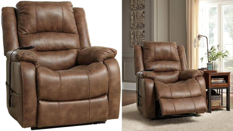 On left, brown leather chair. On right, brown leather chair with footrest extended outward in living room.