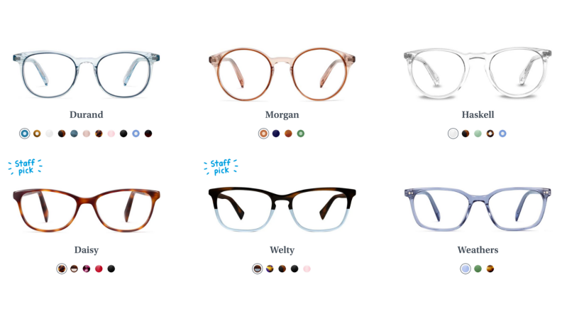 An image of several frame options from Warby Parker.