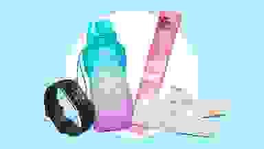 Collage of sneakers, a yoga mat, water bottle, and smartwatch.