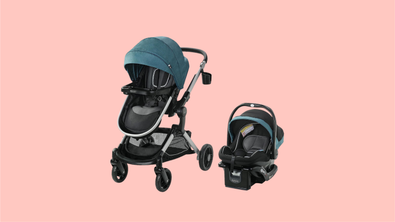 Front, right-angled view of the Graco Modes Nest Travel System, with the stroller in a gray-blue cover next to the baby carrier.