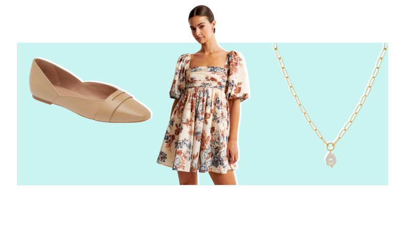 A tan flat, a model wearing a floral mini dress, and a dainty gold necklace.