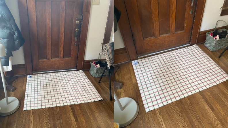 Grid-patterned Heymat doormat in lime candycane color on top of wooden floorboards next to coat hook inside of home.