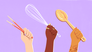 And illustration in which three hands hold chopsticks, a whisk, and a wooden spoon, all against a bright pastel purple background.