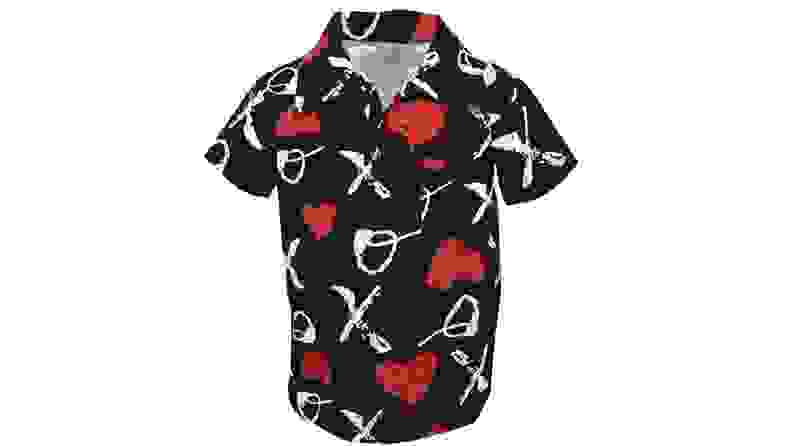 Children's black button down shirt with x and o printed all over.
