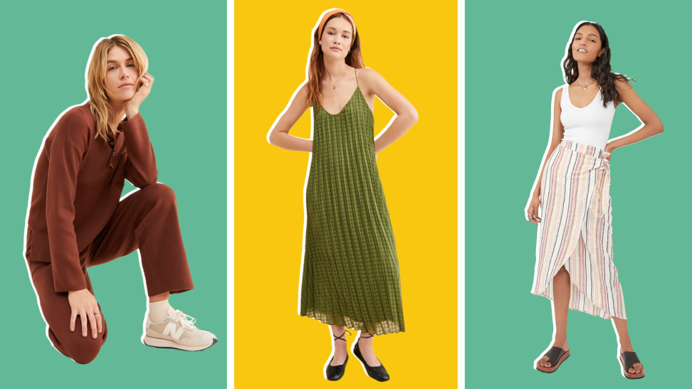 Collage of a brown Lounge set, green midi sleeveless dress, and striped skirt with white tank.