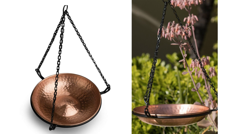 Two images of hanging copper bird bath