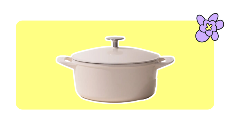 A beige Madein Dutch oven.