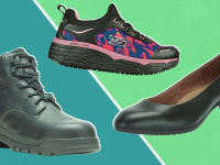 Black Hytest boots, Shoes for Crews heels, and Skechers Max Cushion sneakers on a two-tone colored background