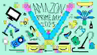 Colorful illustration of top Prime Day 2025 deals in beauty, home, and kitchen categories.
