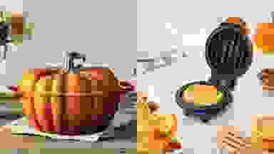 Left: Pumpkin-shaped Le Creuset pot on wooden surface. Right: Dash pumpkin waffle maker open, showing a cooked waffle
