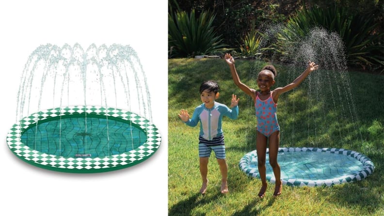 Left: Water shoots into the air above a plastic splash pad; Right: Kids stand next to the splash pad in a grassy backyard
