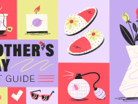 Graphic illustration in purple and pink that says Mother's Day Gift Guide
