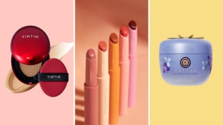 A collage of makeup and skincare from Asian beauty brands.