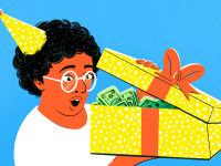 An illustration of a person wearing a party hat opening a box full of money
