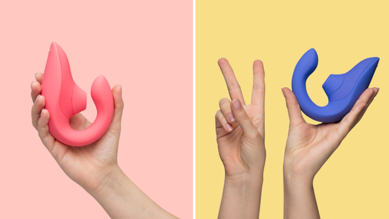 Side-by-side of an image of a single hand holding a pink Womanizer Blend vibrator and another image of two hands, one holding a purple version and the other hand with two fingers sticking up.