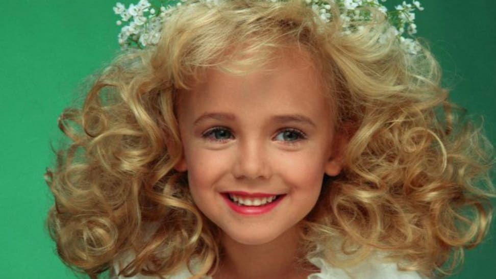 JonBenet Ramsey against a green background.