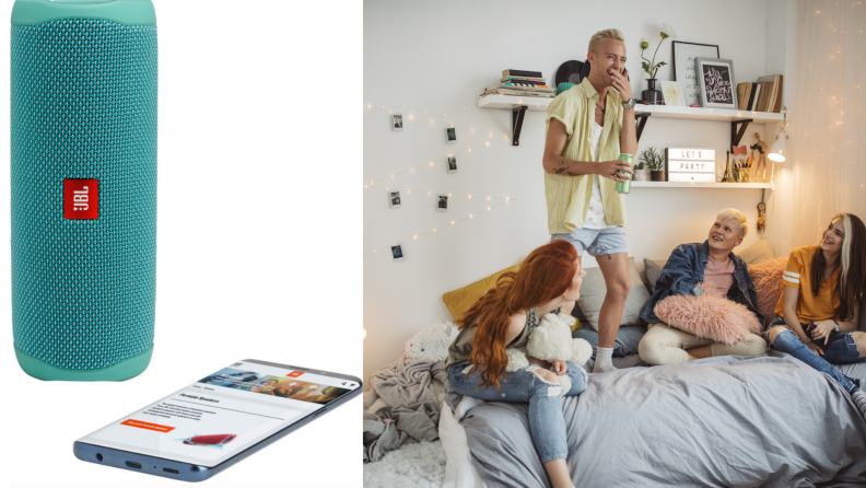 On left, teal JBL speaker next to smartphone. On right, four college students dancing to music in dorm room.