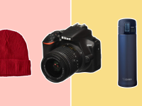 A Patagonia beanie hat, a Nikon camera, and a Zojirushi Stainless Steel Mug.