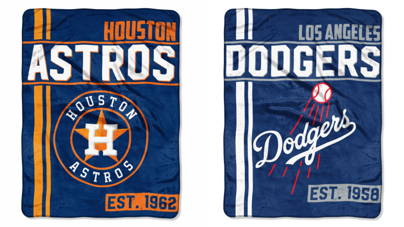 Astros fleece next to a Dodgers fleece