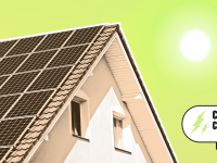 Cartoon graphic of the sun hanging over the roof a suburban home.