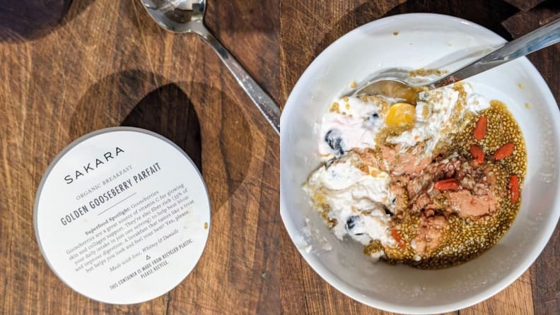 On left, container package for the Golden Gooseberry Parfait. On right, Golden Gooseberry Parfait contents inside of white bowl.