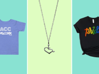 From the left to the right is a blue Littlest Warrior T-shirt, a 3E Love necklace, and WildflowerandPenny black T-shirt.